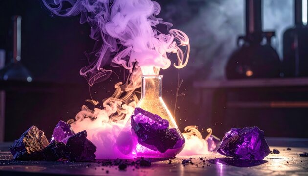Sublimating Purple Iodine Crystals in a Heated Flask, Producing Visible Vapor and Smoke in a Laboratory Setting.