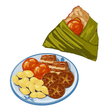 Zongzi, a Sticky Rice Dumplings filled with various ingredients such as salt egg yolk, pork belly, mushroom and ginkgo. Isolated zongzi and a plate of ingredients. Close up hand drawing vector illustr