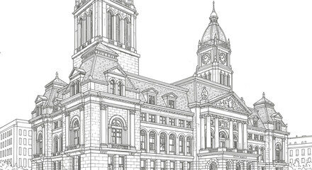 Obraz premium Detailed architectural sketch of a grand historical building with towers and intricate facade.