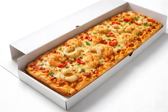 Delicious shrimp pizza in a cardboard box