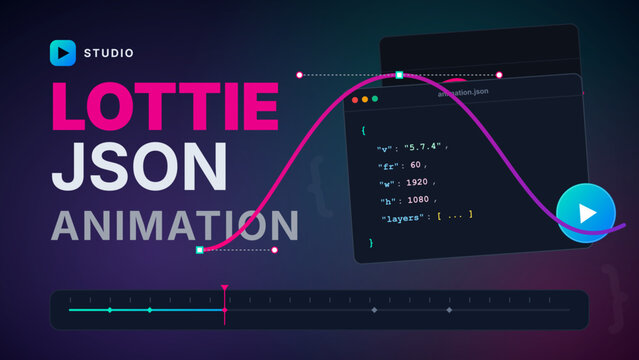 Vector thumbnail design for Lottie JSON animation featuring motion path, code interface, and modern UI elements. Ideal for video covers, app previews, web banners, and motion graphics content.