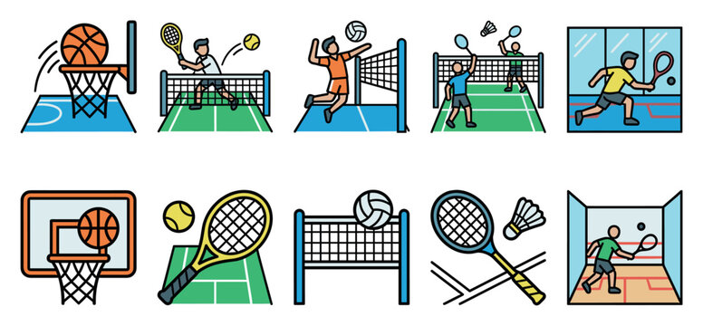 A collection of flat vector icons depicting various sports including basketball, tennis, volleyball, badminton, and squash in a clean, modern style.