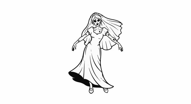 A black and white drawing of a zombie bride with blank eyes and decaying skin