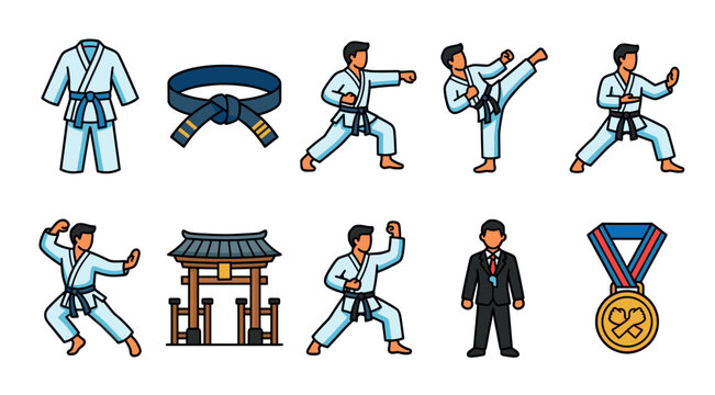 A collection of flat graphic icons depicts various martial arts and karate elements, including uniforms, belts, poses, a traditional gate, a referee, and a medal.