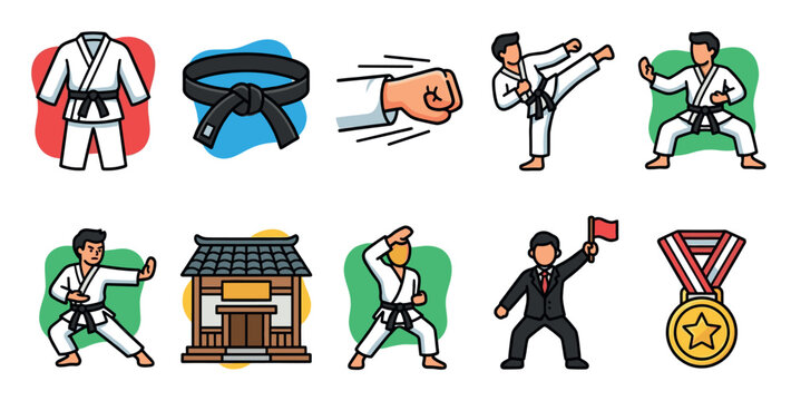 A collection of flat design icons illustrating karate training, including uniforms, belts, poses, a dojo, and a medal, perfect for sports and martial arts themes.