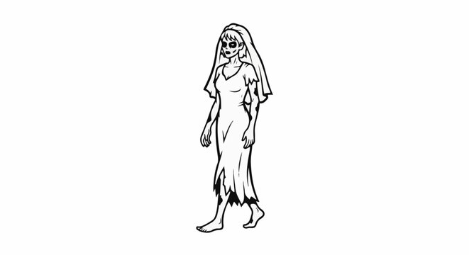 A black and white drawing of a zombie bride in a tattered gown
