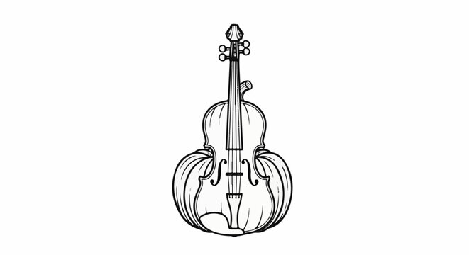 A black and white drawing of a stringed instrument, resembling a violin