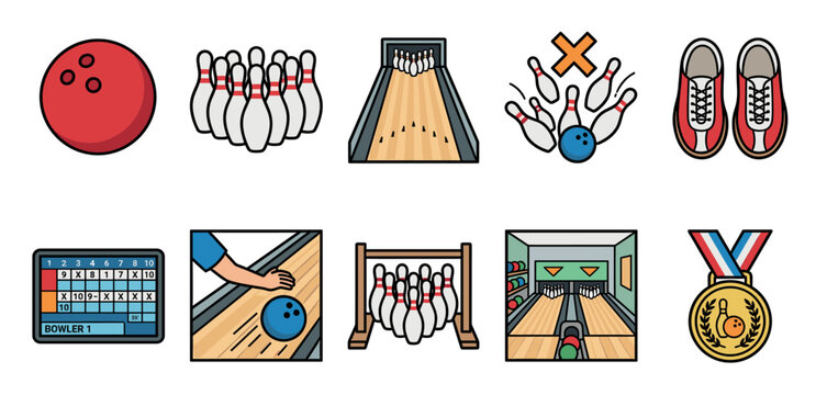 A collection of flat design vector icons representing various elements of the sport of bowling, including balls, pins, shoes, and scoring.