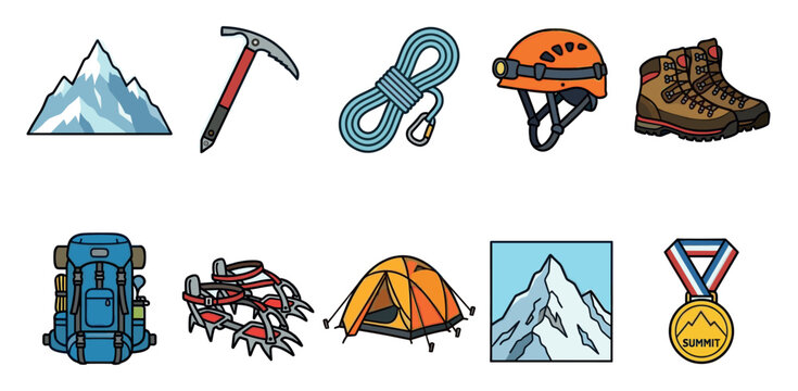 A colorful and clean vector illustration showcasing essential mountain climbing equipment including a backpack, ice axe, rope, helmet, boots, crampons, tent, mountains, and a summit medal.