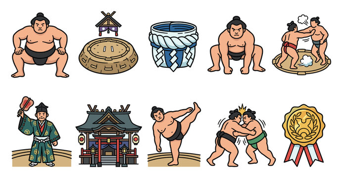 A collection of charming Japanese sumo wrestling icons and elements in a flat, cartoonish style, perfect for illustrating sports, culture, or traditional themes.