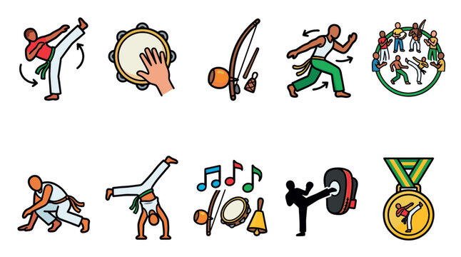 A collection of colorful flat icons depicting capoeira movements, instruments, and symbols of achievement, ideal for representing martial arts and Brazilian culture.