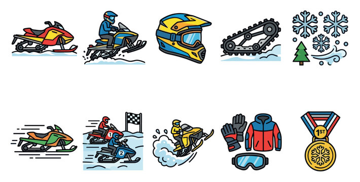 Collection of flat vector icons depicting snowmobiles, racing, winter sports gear, and snowflakes, perfect for illustrating winter adventure and activities.