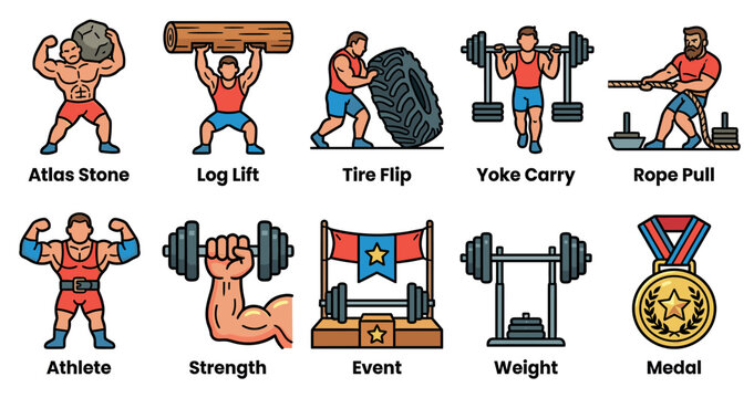 A collection of colorful cartoon illustrations depicting various strongman competition events and symbols, including athletes, weights, and a medal.