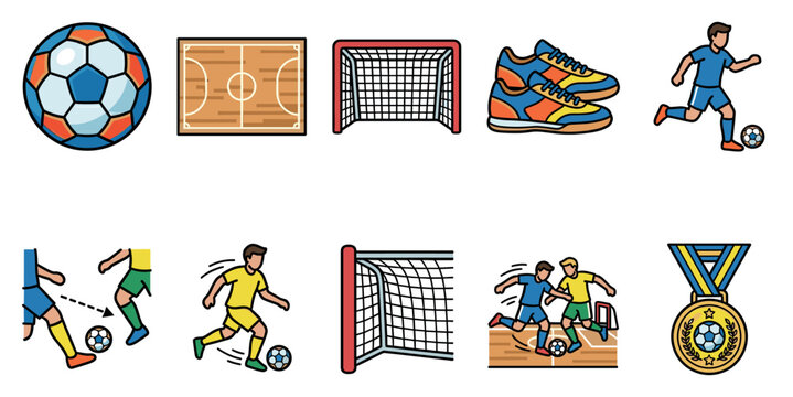 A collection of flat vector illustrations representing various elements of soccer and futsal sports including balls, players, goals, shoes, court, and medals.