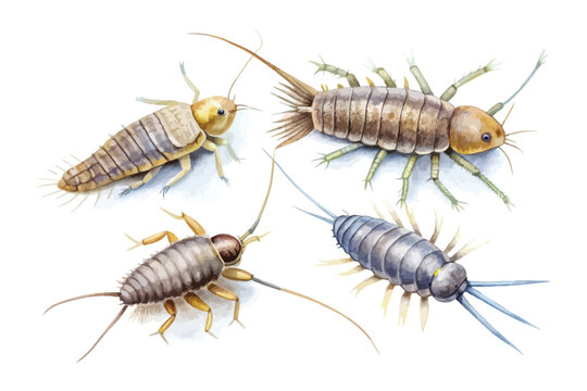 set of Watercolor Silverfish, Small Household Insect Clipart, vector illustration isolated on white background