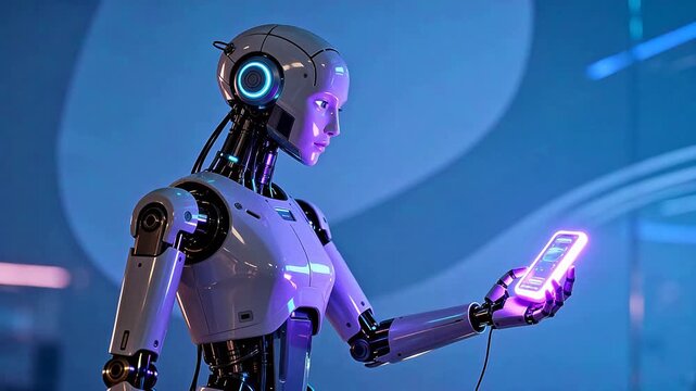 Futuristic robot holding smartphone