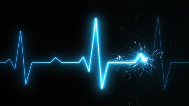 A glowing blue electrocardiogram reading displays a sudden spike on a dark background with sparks.