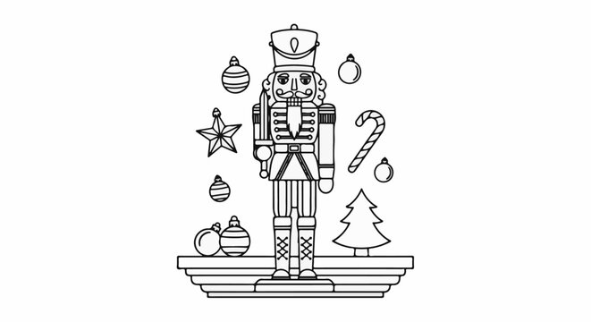 A black and white outline drawing of a nutcracker with Christmas decorations