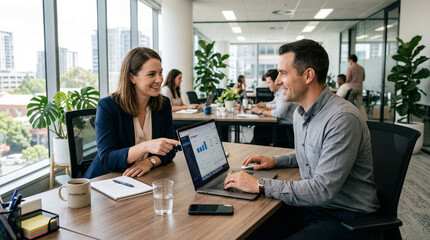 Obraz premium Two Confident Businesspeople Discussing the Project in the Modern Office Environment
