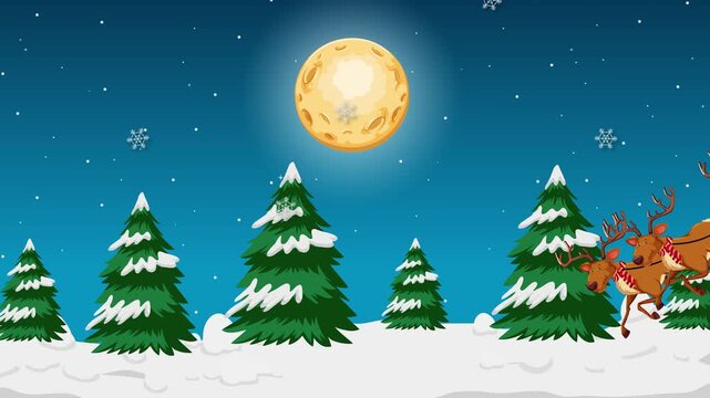 Santa Claus sleigh with reindeer flying over snowy forest at night with full moon and falling snowflakes.