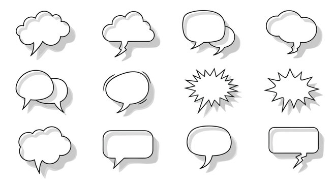 Selection of various speech and thought bubble shapes with shadows for comic design elements on a plain white background.
