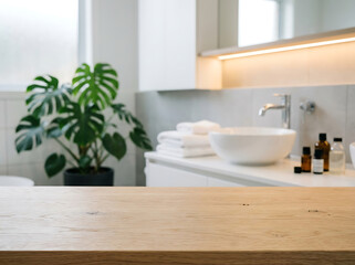 Fototapeta premium Wooden bathroom vanity countertop with blurred modern interior and green plant