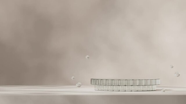 seamless loop shadow animation with white wall and glass sphere, 3d footage render empty mockup of cylinder glass texture podium