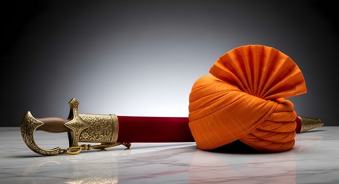 Maharana Pratap Jayanti, Elegant still life composition of a traditional Rajput sword with an ornate hilt and a folded saffron turban placed on a polished marble surface