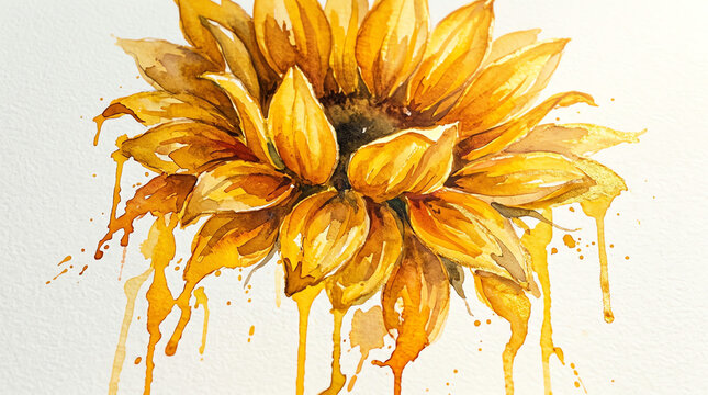 Dripping Golden Sunflower Watercolor Art with Splatter Effect