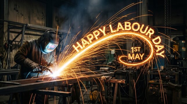 Labour day worker welding with sparks and happy labour day 1st may text