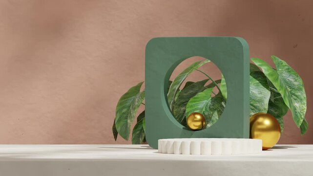 seamless loop shadow animation with brown wall, green leaf and gold sphere, 3d video render scene mockup of white podium