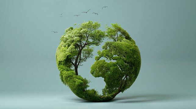 Green globe sculpture made of lush trees and foliage, symbolizing environmental conservation and nature, set against a soft blue background with flying birds