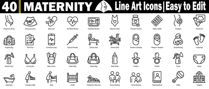 Maternity line art icons set, Pregnancy journey with elements like pregnancy bump, ultrasound scan, baby kick, heartbeat monitor, hospital bag, and birth plan, vector illustration.
