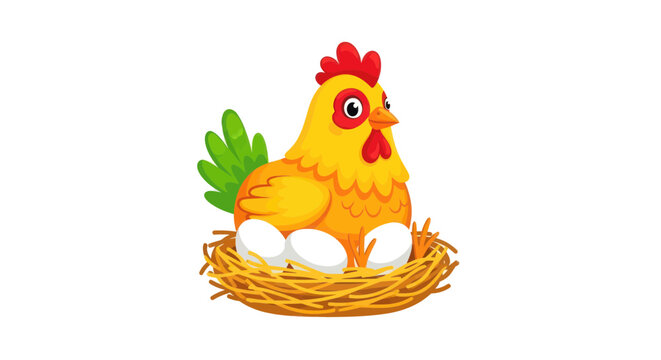 Cartoon Chicken Sitting on Nest with Eggs, Farm Animal Illustration