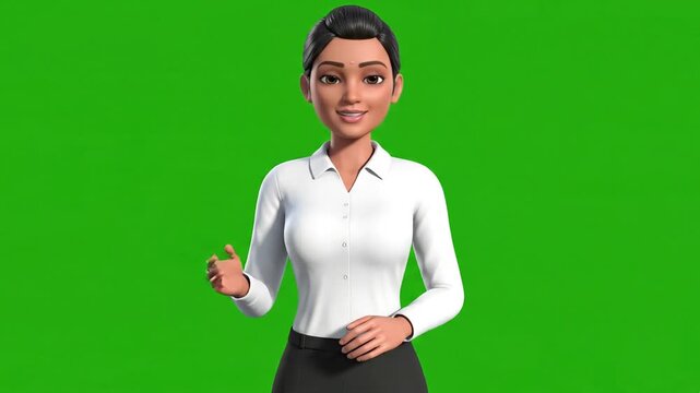 A simple and clean 3D animated female avatar in a white shirt, presented on a green screen background. Perfect for presentations, explainer videos, or corporate animations.