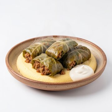 Traditional stuffed grape leaves dolma served on plate with creamy sauce.