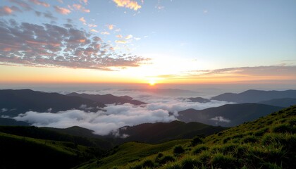 Fototapeta premium Breathtaking Panoramic Sunrise Over Majestic Mountain Range and Misty Valleys at Dawn
