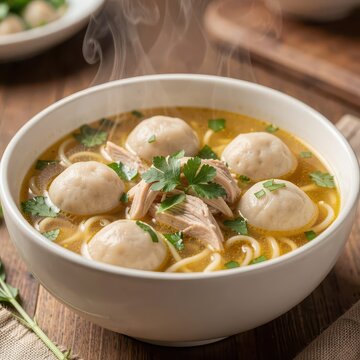 Steaming bowl of chicken meatball soup with herbs and noodles.