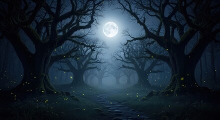 Fototapeta premium Mysterious dark forest path under a full moon with glowing lights