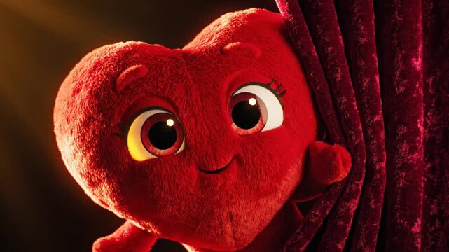 Animated heart character peeking through curtains with warm lighting