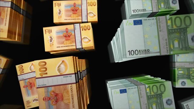 Euro and Fiji dollars Fijian money money exchange. Paper banknotes pack bundle. Concept of trade, economy, competition, crisis, banking and finance. Notes loopable seamless 3d animation.