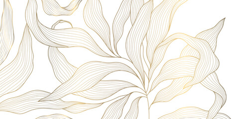 Luxury gold leaf pattern with elegant line floral elements background. Botanical vector illustration, Japanese ornament, Art Deco and Nouveau motif, spa branding, tea packaging, wedding.