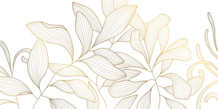 Luxury gold leaf pattern with elegant line floral elements background. Botanical vector illustration, Japanese ornament, Art Deco and Nouveau motif, spa branding, tea packaging, wedding.