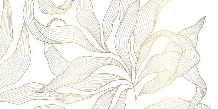 Luxury gold leaf pattern with elegant line floral elements background. Botanical vector illustration, Japanese ornament, Art Deco and Nouveau motif, spa branding, tea packaging, wedding.