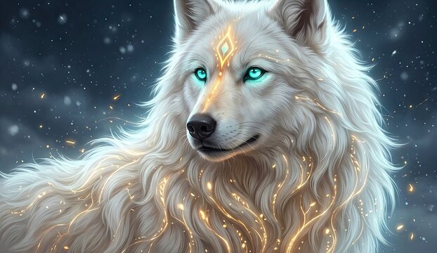 A majestic white wolf with turquoise eyes and glowing golden patterns in its fur against a starry background