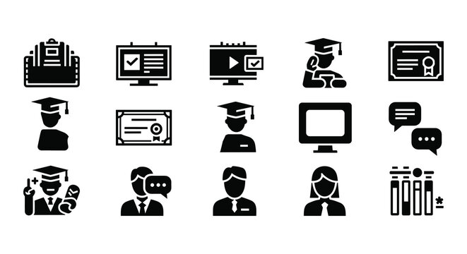 Set of education and e-learning icons featuring graduates and certificates isolated on a white background for website design.