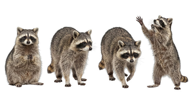 A group of four curious raccoons exploring, sitting, and standing on a transparent background for various creative uses.