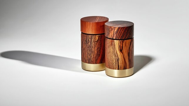 Two elegant wooden containers with gold bases and rounded lids, showcasing rich wood grain patterns against a soft gray background