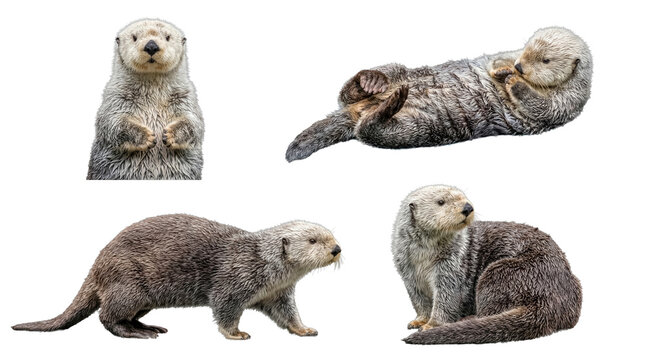 Captivating collection of adorable sea otters in diverse natural poses, isolated on a transparent background.