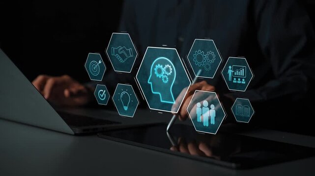 Head with gear and icons representing learning, digital training, and development process, showing skill growth for human or AI systems through knowledge or task optimization Marrow